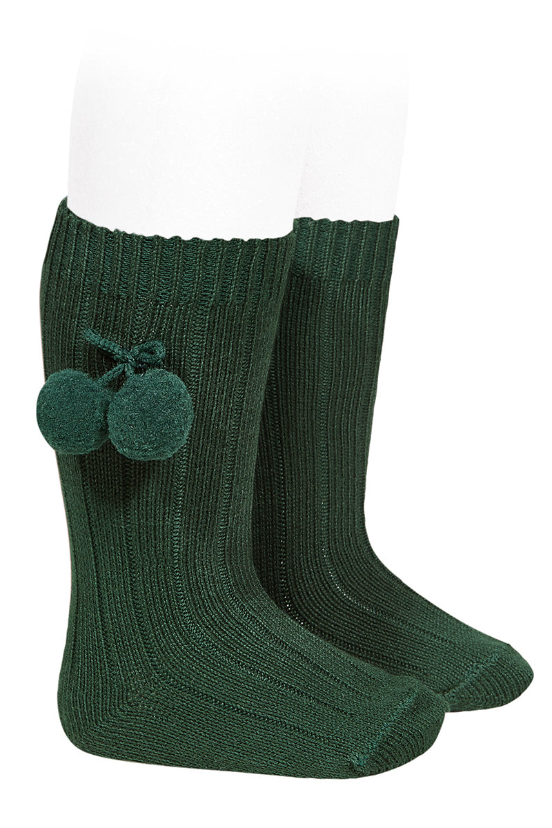 Condor Bottle Green Knee High Pom Pom Socks | Millie and John