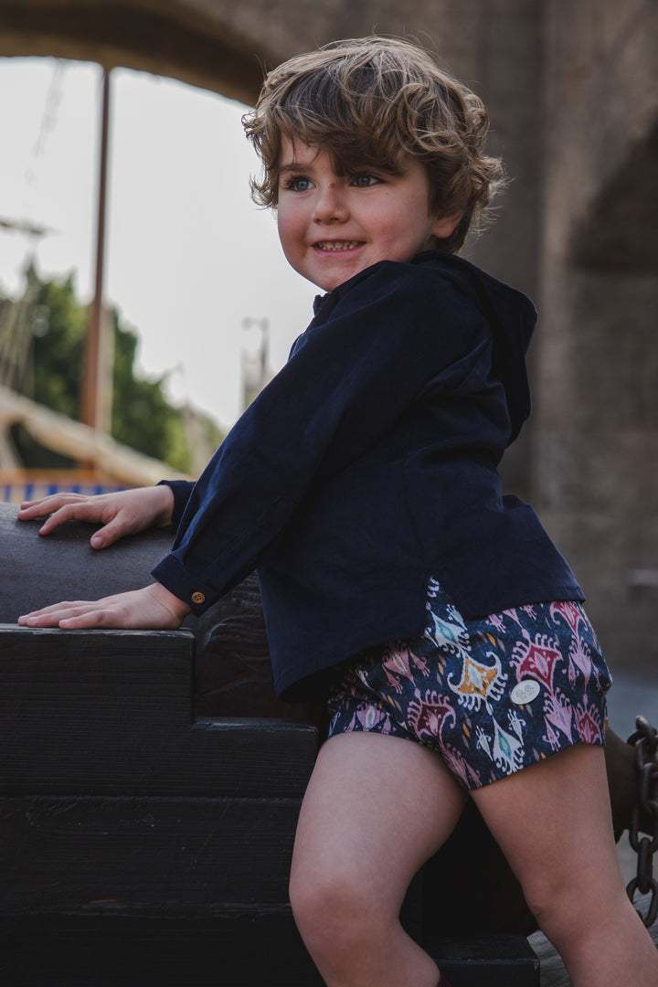 José Varón "Samuel" Navy Hooded Shirt & Jacquard Print Shorts | Millie and John