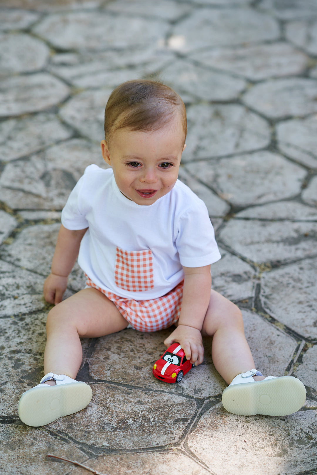 Rapife "Andy" Orange Gingham Romper | Millie and John