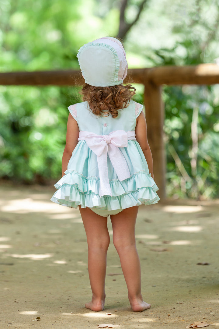 Abuela Tata "Emmy" Mint Green Dress, Bonnet & Bloomers | Millie and John