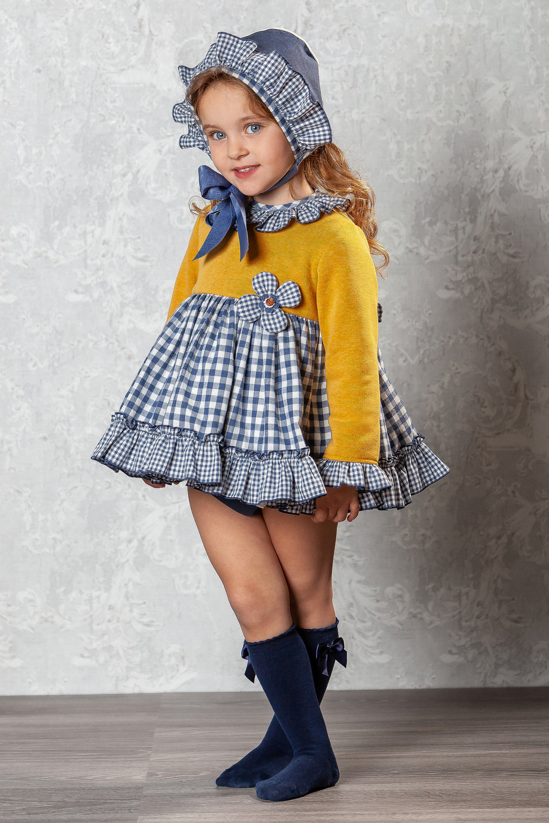 Abuela Tata "Marguerite" Mustard & Navy Gingham Dress Set | Millie and John