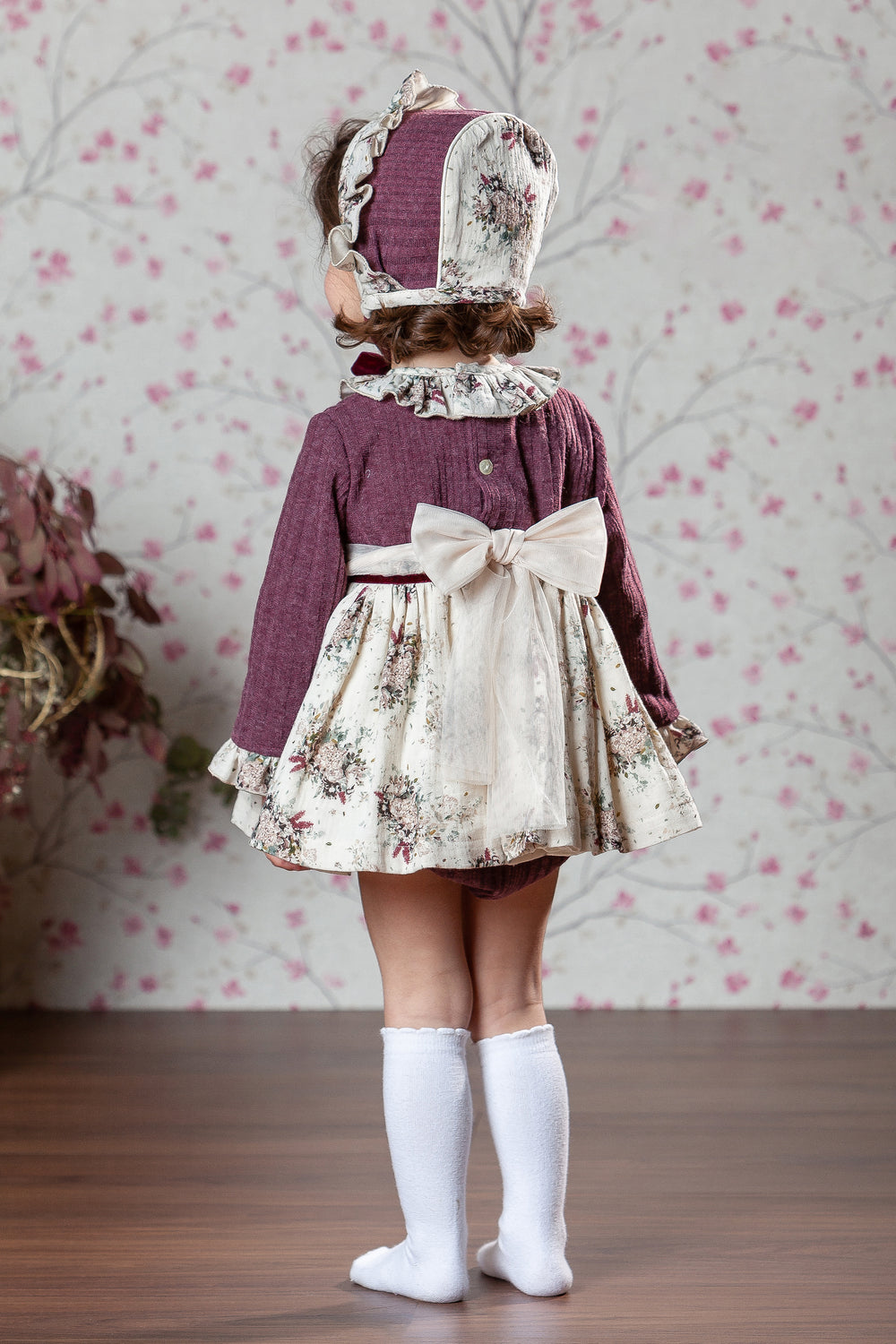 Abuela Tata "Juliette" Burgundy Floral Dress, Bloomers & Bonnet | Millie and John