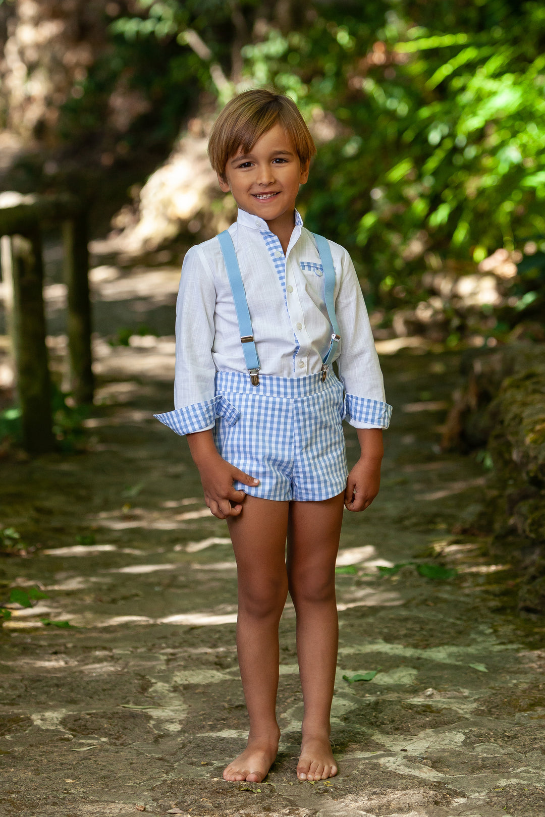 Abuela Tata "Dante" Blue Gingham Shirt & Shorts with Braces | Millie and John