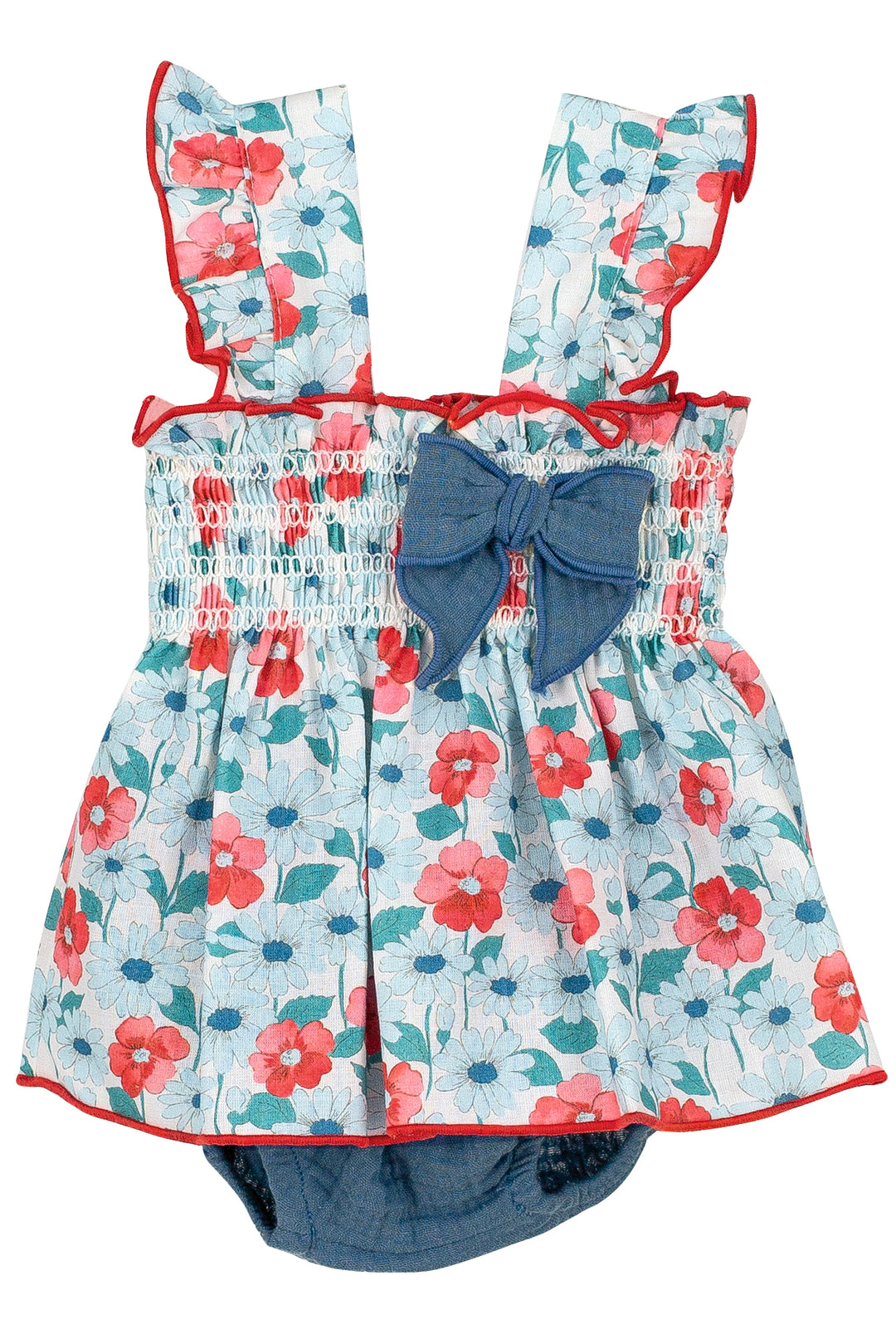Calamaro "Louisa" Red & Blue Floral Dress & Bloomers | Millie and John