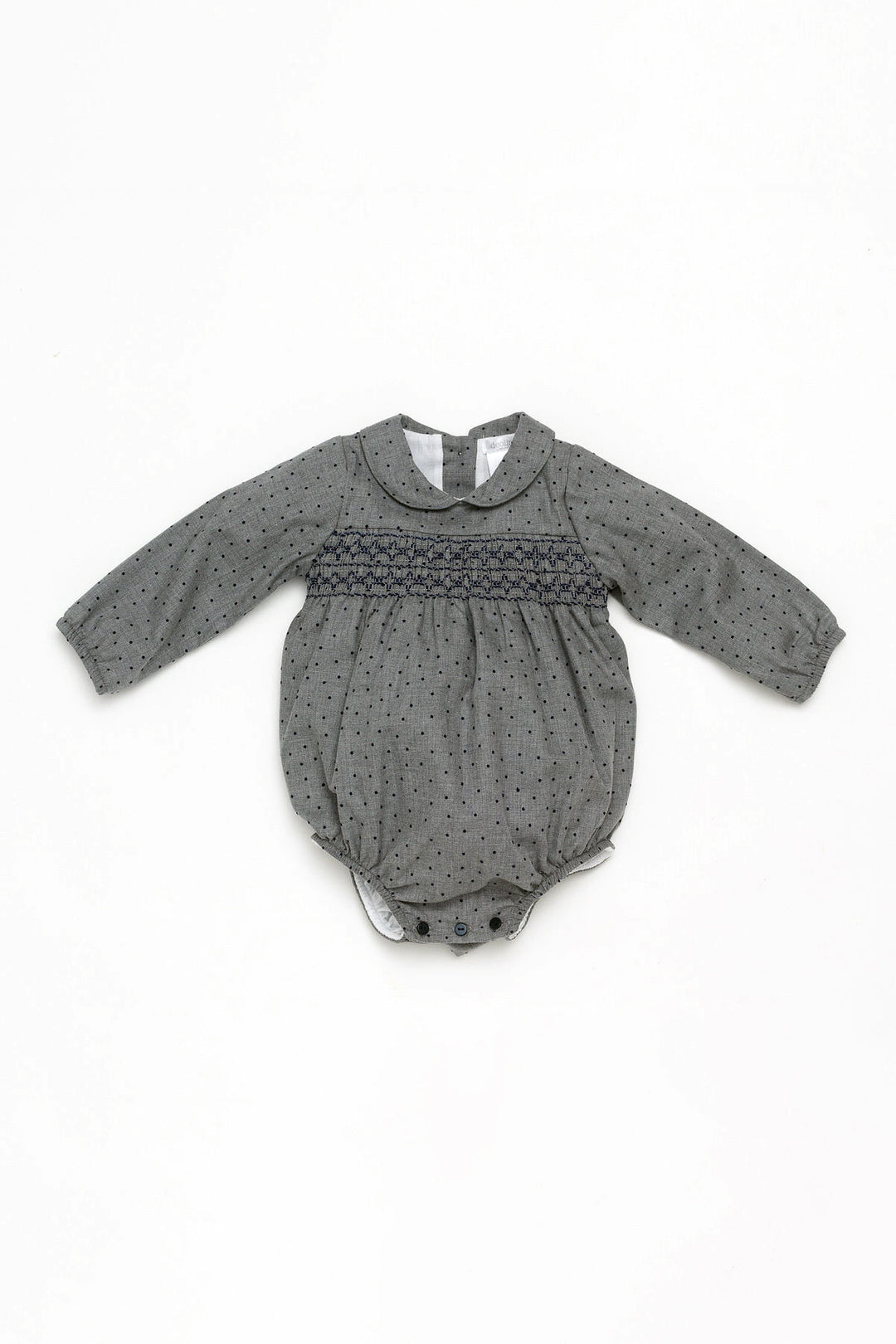 Deolinda "Eugene" Grey Polka Dot Smocked Romper | Millie and John