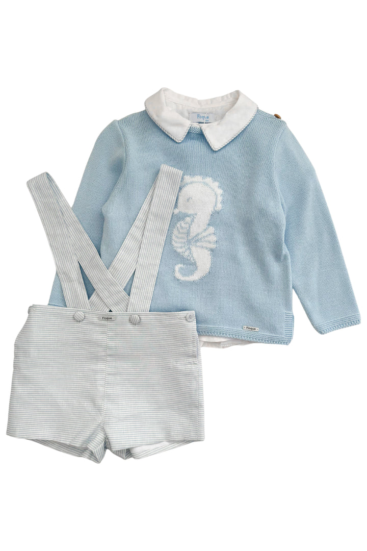 Foque "Beau" Blue Knit Seahorse Jumper, Shirt & Shorts | Millie and John