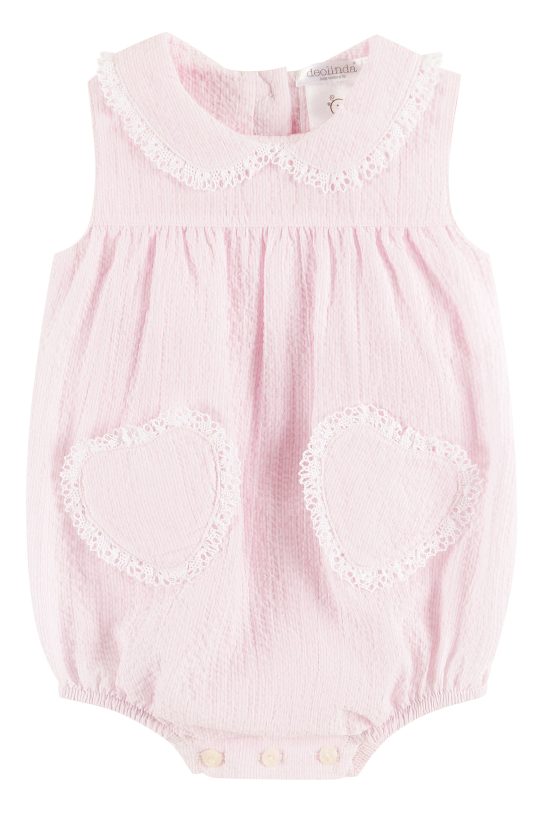 Deolinda "Roxanne" Pink Seersucker Stripe Romper | Millie and John