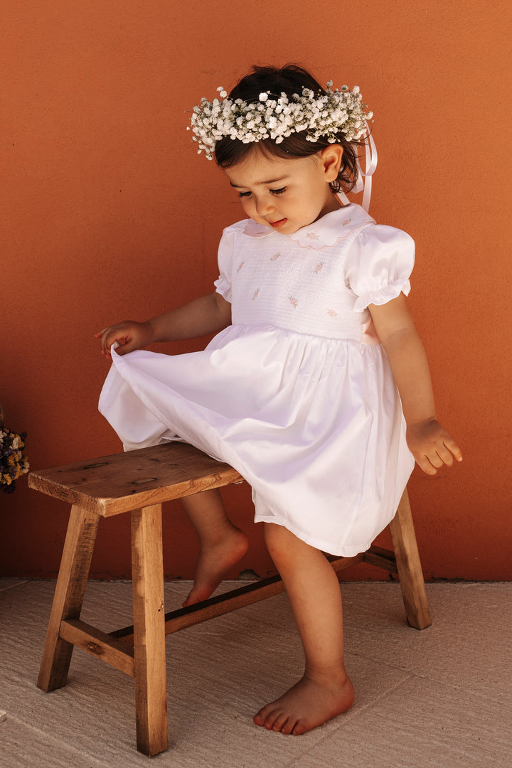 Deolinda "Cassie" White & Pink Smocked Rose Dress | Millie and John