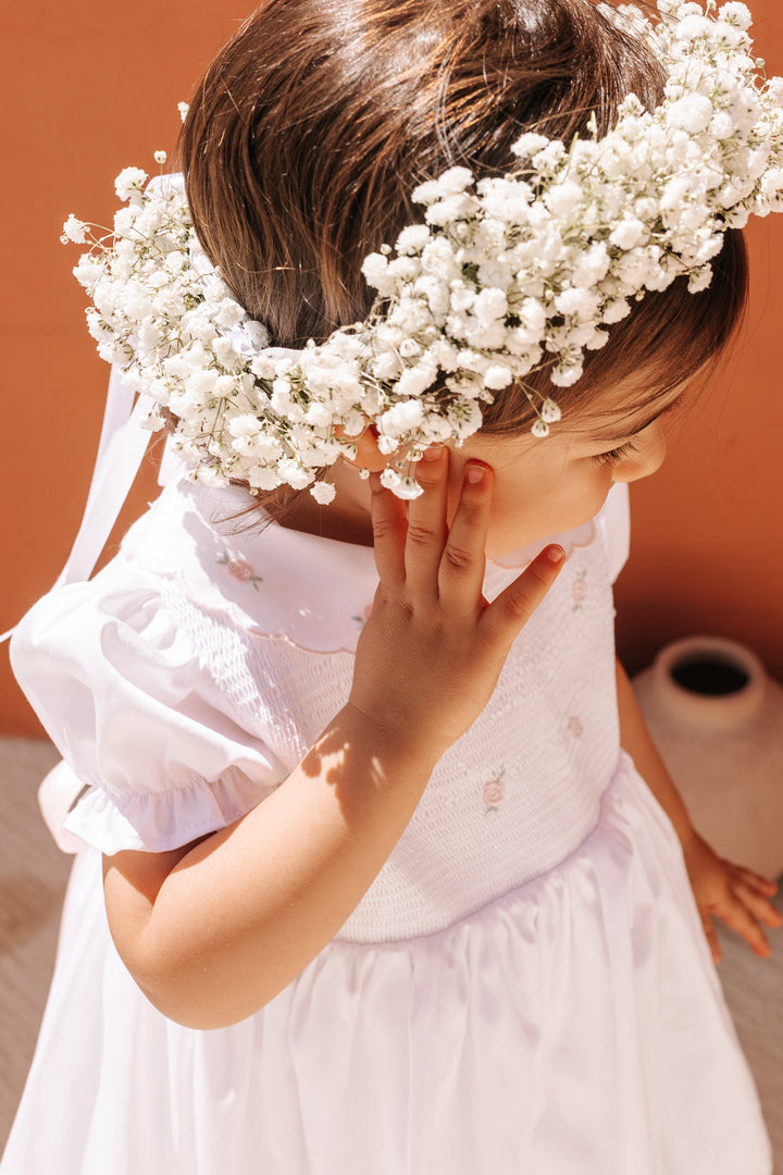 Deolinda "Cassie" White & Pink Smocked Rose Dress | Millie and John