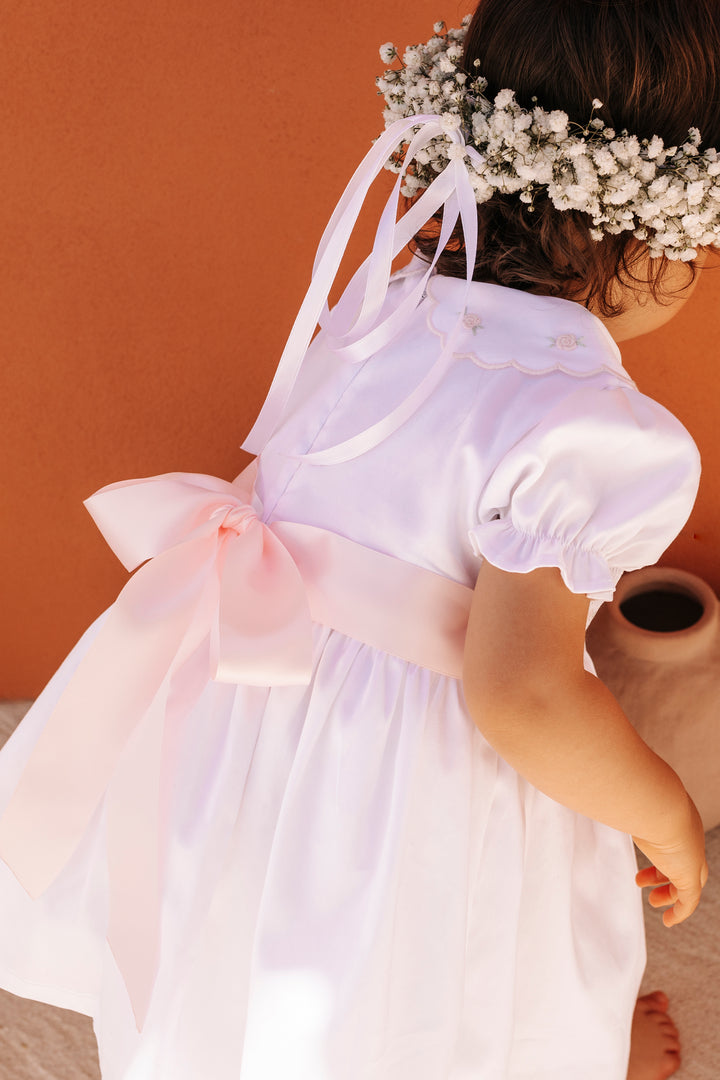 Deolinda "Cassie" White & Pink Smocked Rose Dress | Millie and John