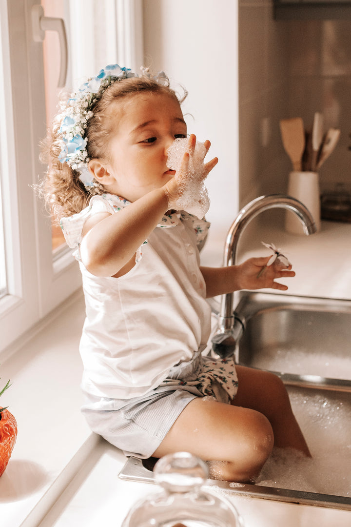 Deolinda "Colette" Dusky Blue Floral Blouse & Shorts | Millie and John