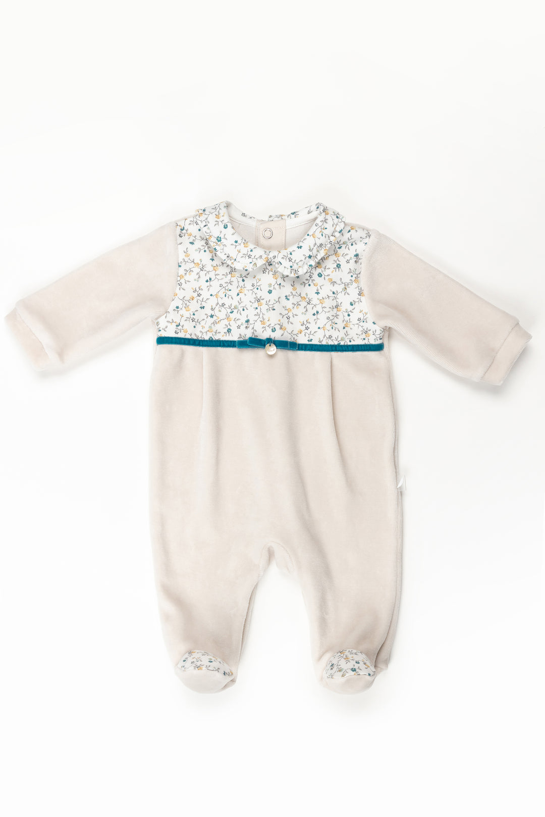 Pureté du Bebe "Agnes" Stone & Teal Floral Velour Sleepsuit | Millie and John