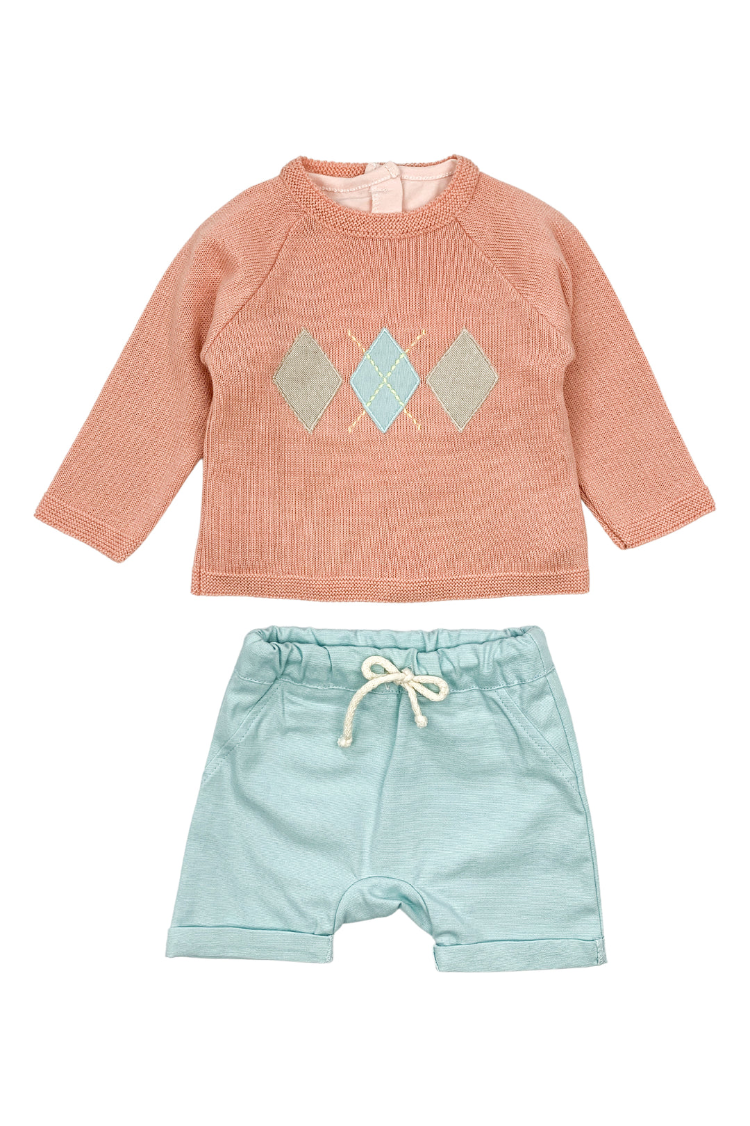 Valentina Bebes "Raphael" Coral Jumper, Top & Duck Egg Shorts | Millie and John