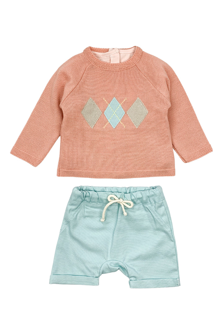 Valentina Bebes "Raphael" Coral Jumper, Top & Duck Egg Shorts | Millie and John