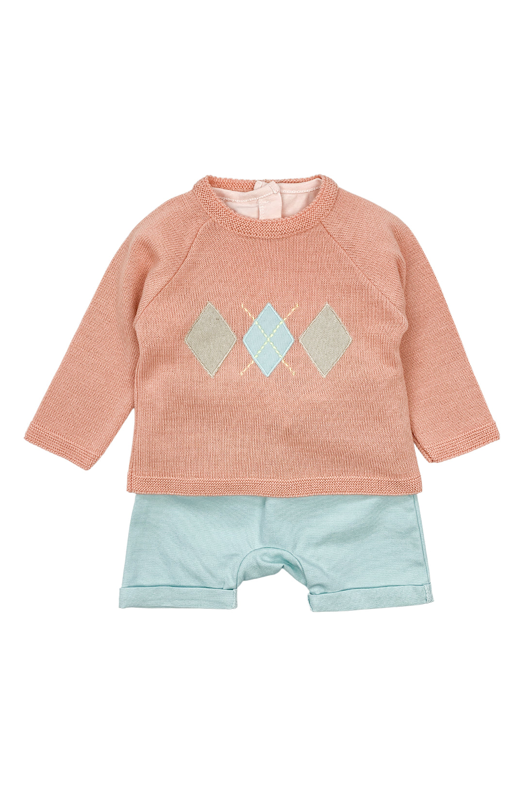 Valentina Bebes "Raphael" Coral Jumper, Top & Duck Egg Shorts | Millie and John