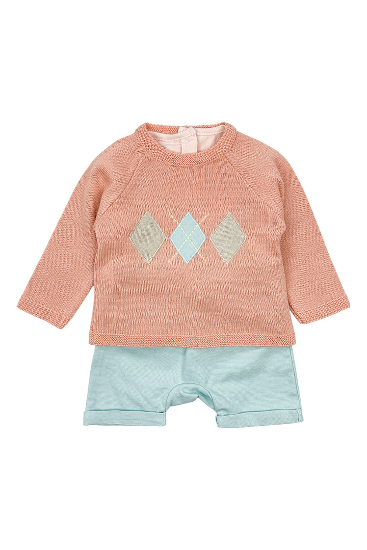 Valentina Bebes "Raphael" Coral Jumper, Top & Duck Egg Shorts | Millie and John