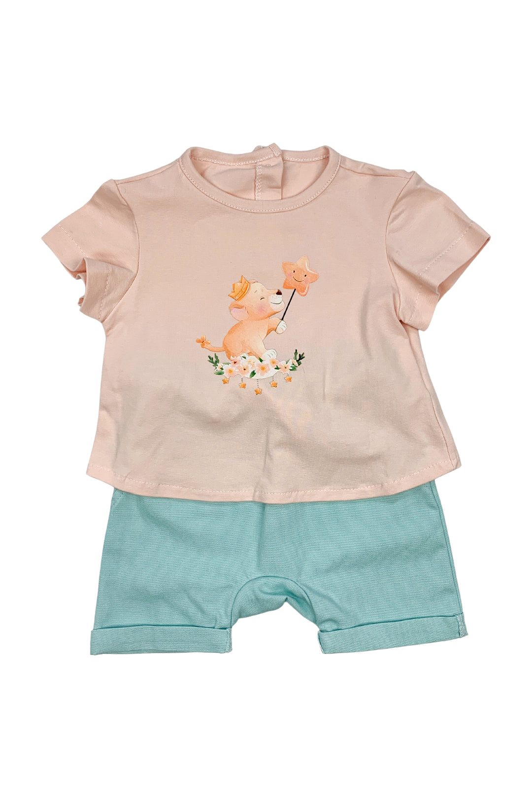 Valentina Bebes "Raphael" Coral Jumper, Top & Duck Egg Shorts | Millie and John