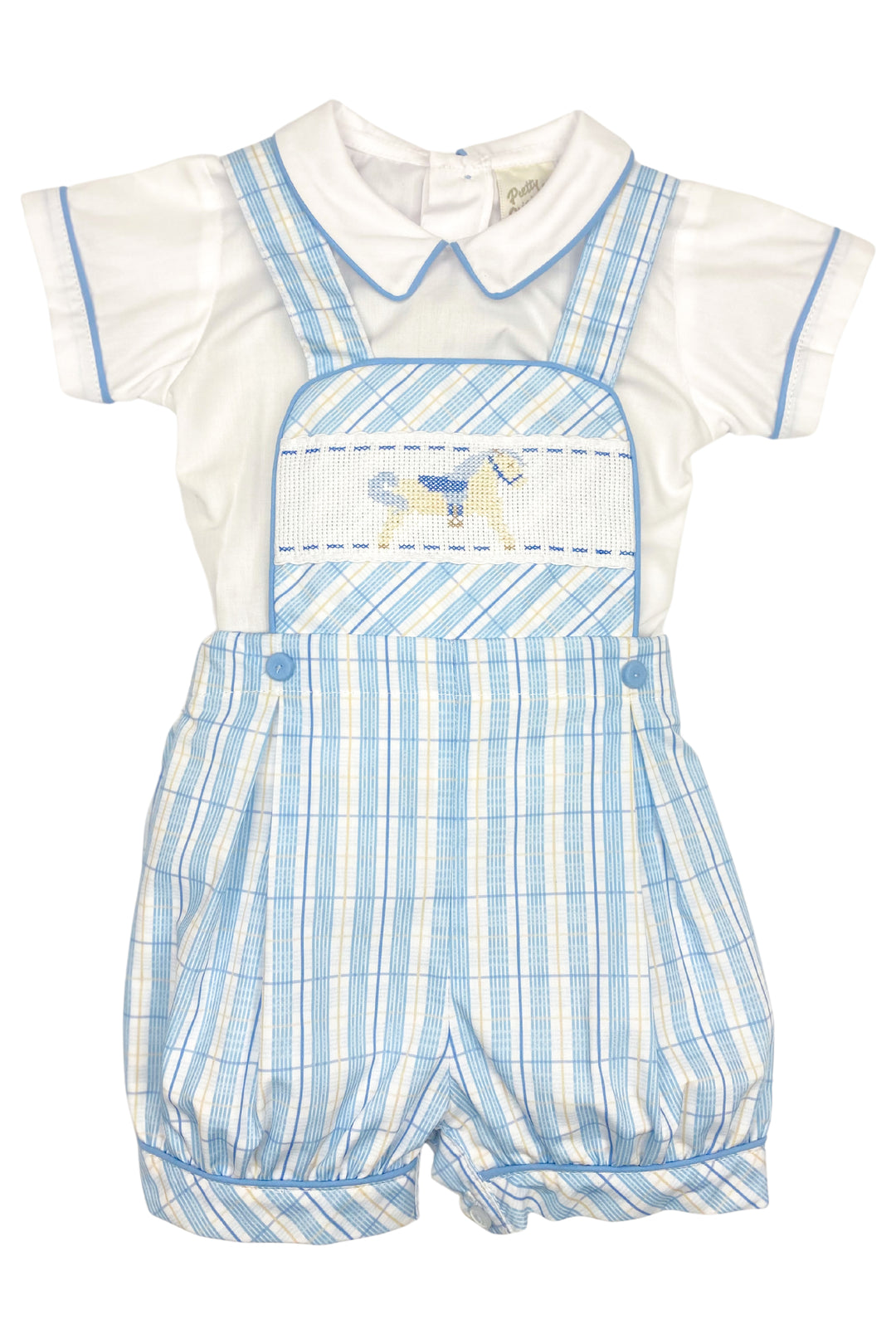 Pretty Originals "Ralph" Blue Check Rocking Horse Dungaree Set | Millie and John