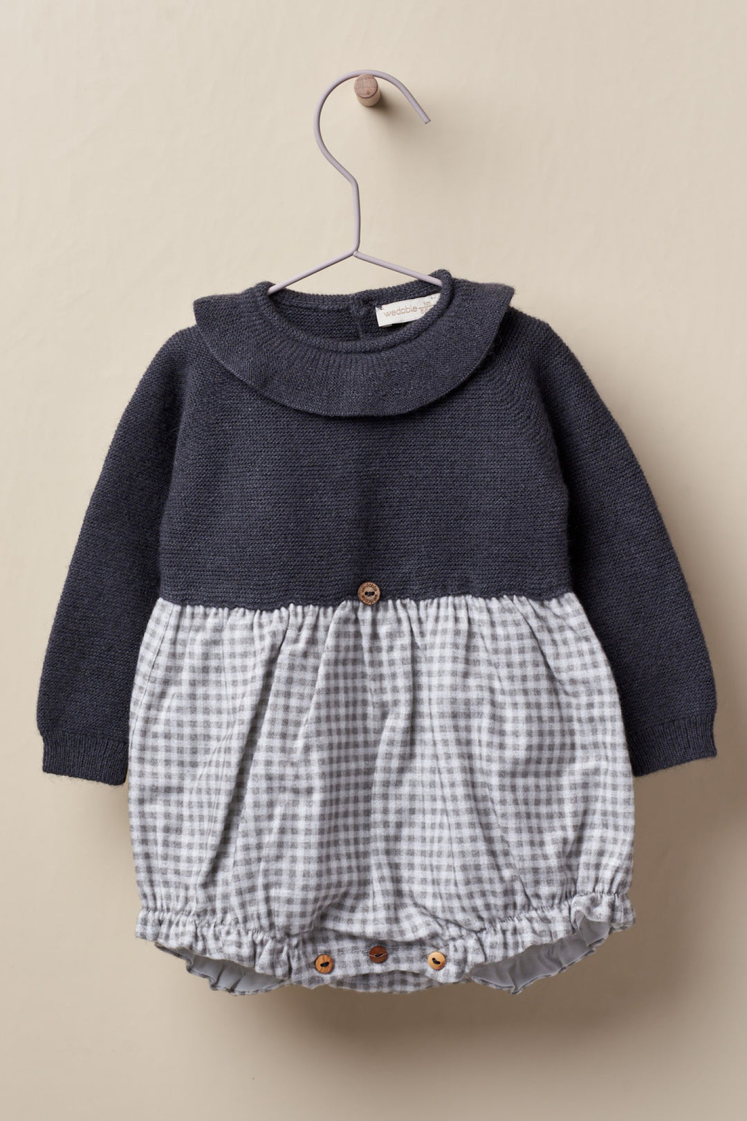 Wedoble "Harper" Charcoal Half Knit Check Romper | Millie and John