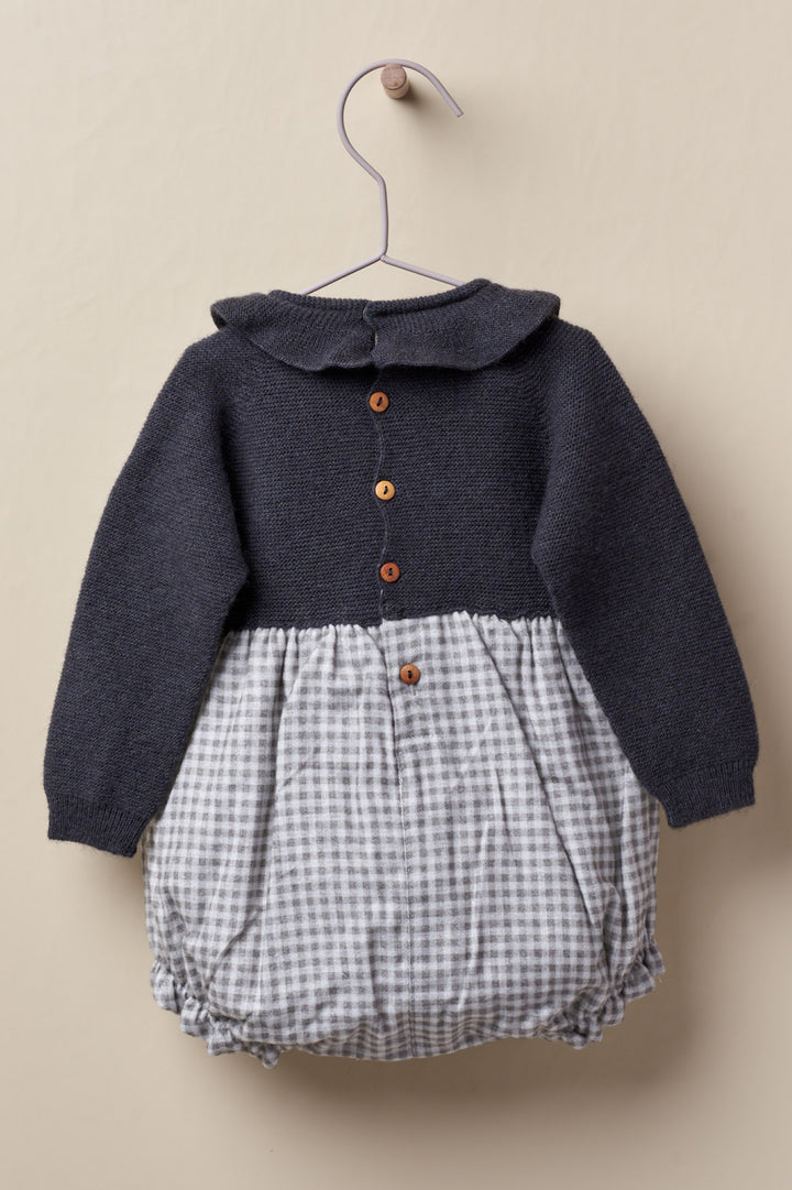 Wedoble "Harper" Charcoal Half Knit Check Romper | Millie and John