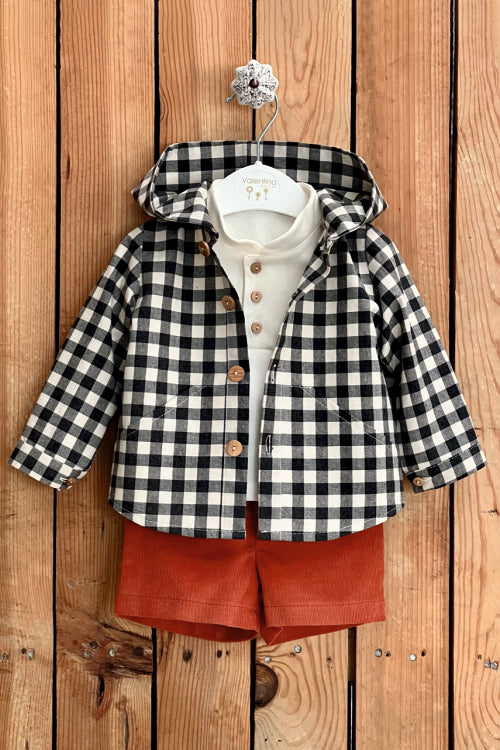 Valentina Bebes "Mateo" Black Gingham Hoodie, Top & Rust Shorts | Millie and John