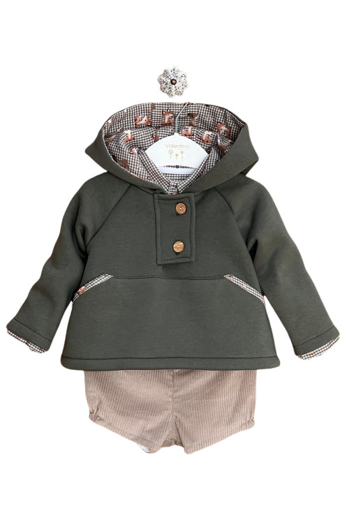 Valentina Bebes "Benji" Khaki Hoodie, Gingham Shirt & Stone Cord Shorts | Millie and John