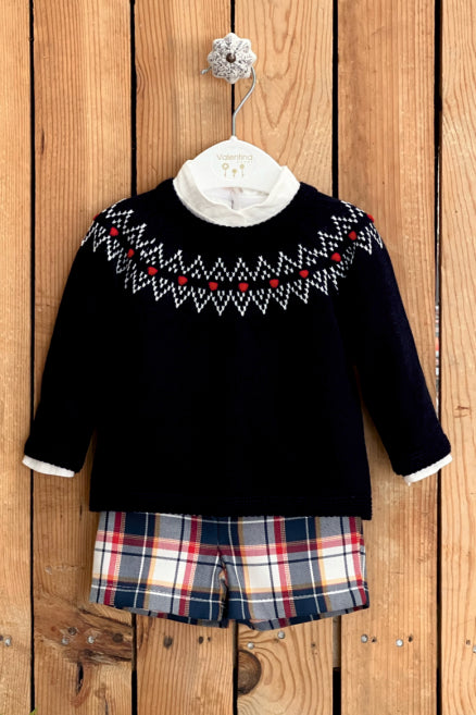Valentina Bebes "Harrison" Navy Knit Jumper, Shirt & Tartan Jam Pants | Millie and John