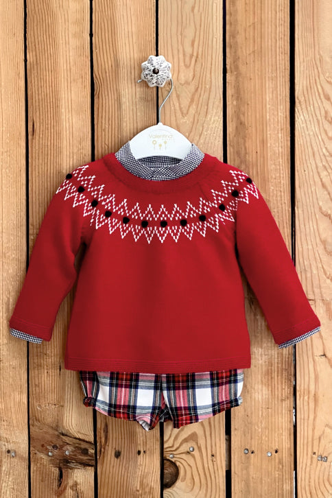 Valentina Bebes "Benjamin" Red Knit Jumper, Shirt & Tartan Jam Pants | Millie and John