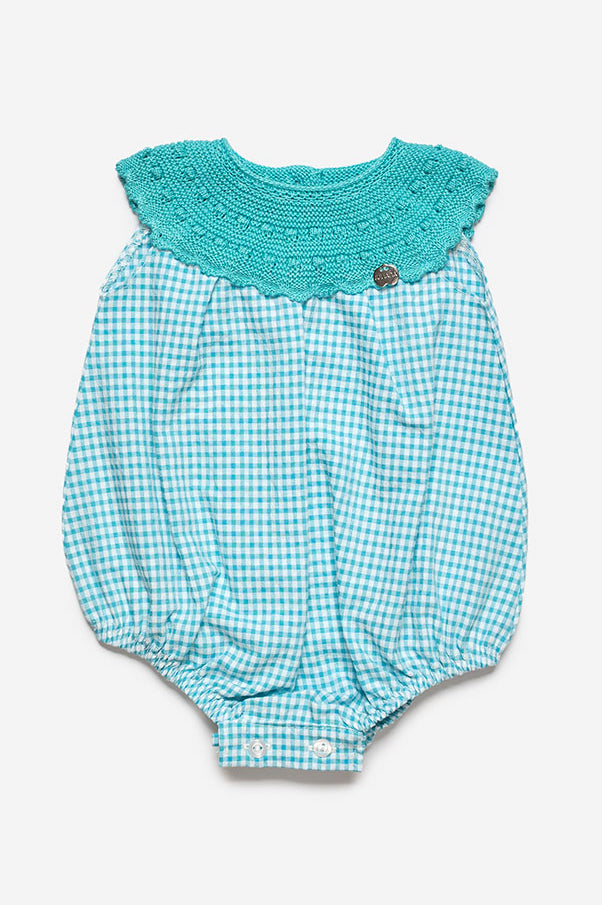 Juliana "Casey" Turquoise Half Knit Gingham Romper | Millie and John