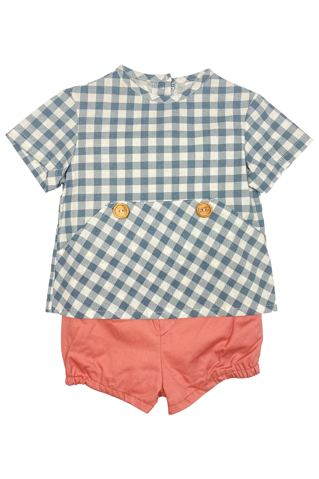 Valentina Bebes "Wallace" Navy Gingham Shirt & Coral Shorts | Millie and John