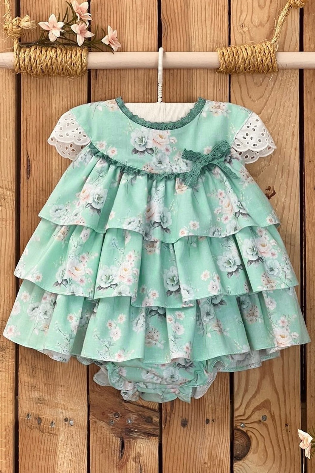 Valentina Bebes "Cordelia" Mint Floral Layered Dress & Bloomers | Millie and John