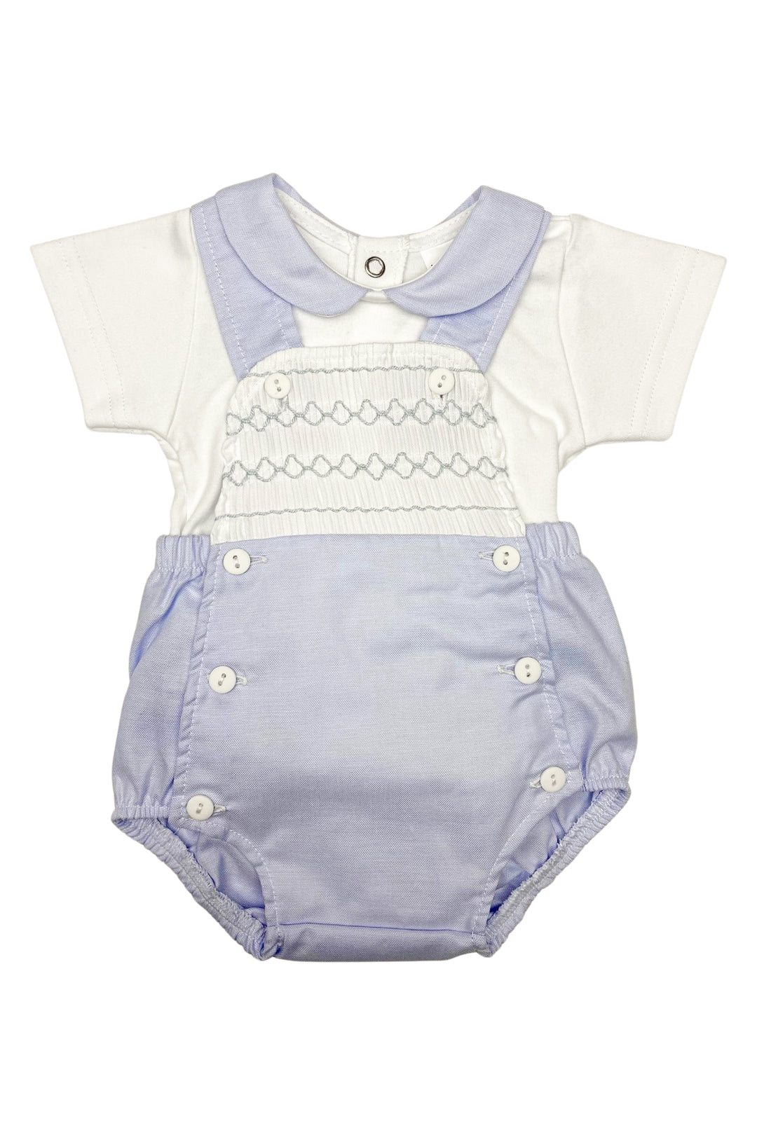 Little Nosh "Evander" Blue Smocked Dungaree Romper Set | Millie and John