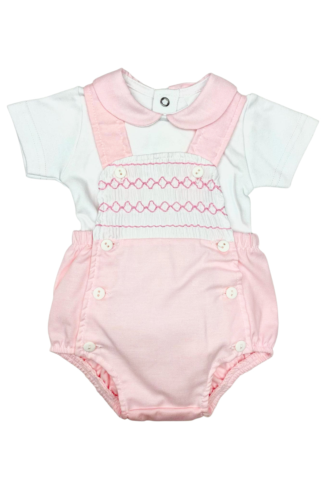 Little Nosh "Evie" Pink Smocked Dungaree Romper Set | Millie and John