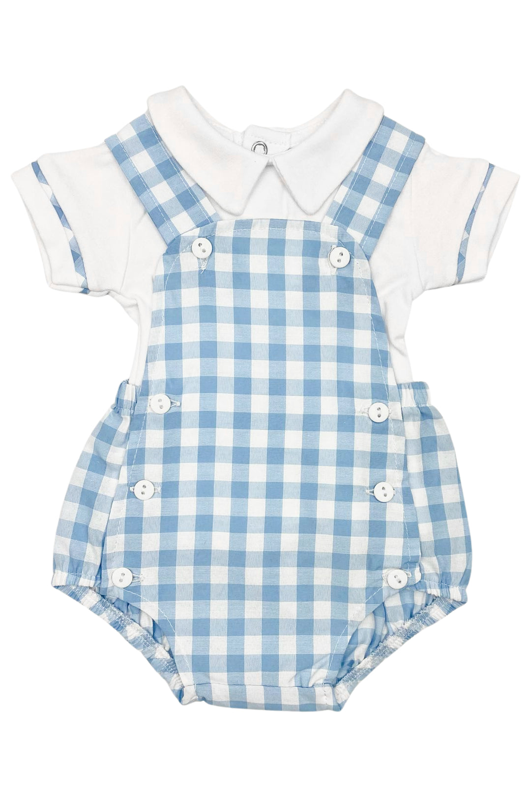 Little Nosh "Cyrus" Blue Gingham Dungaree Romper Set | Millie and John