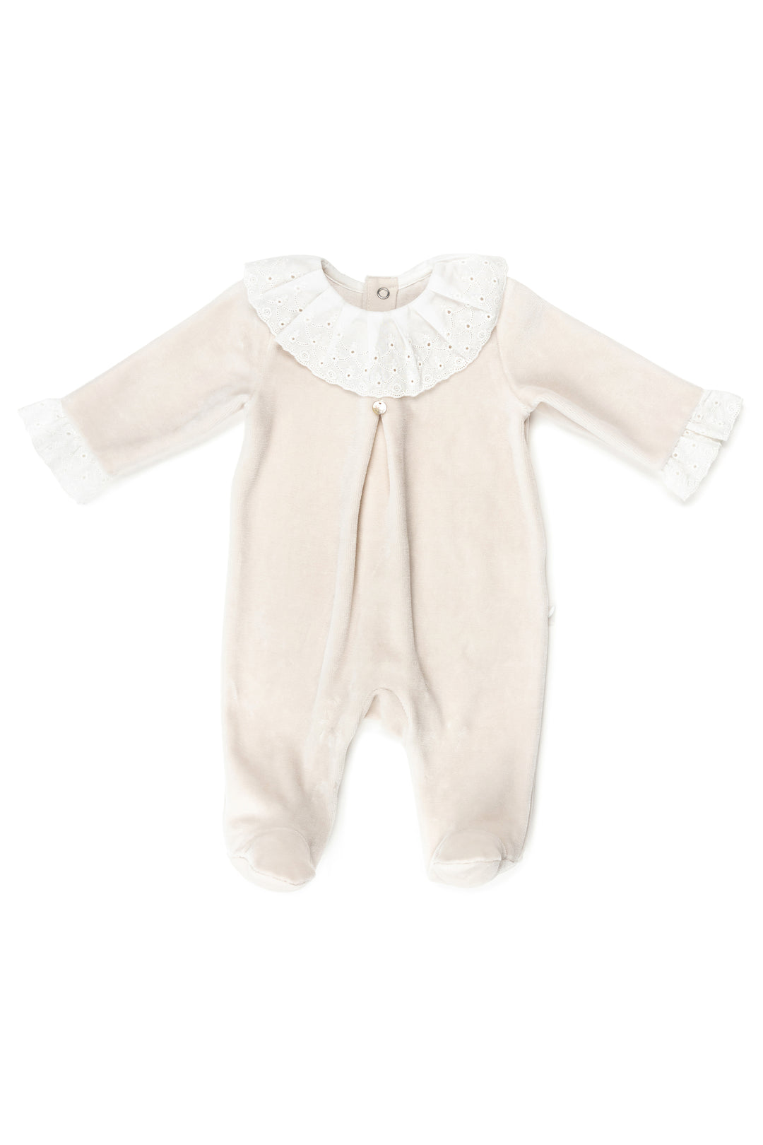 Pureté du Bebe "Eliana" Stone Velour Broderie Anglaise Sleepsuit | Millie and John