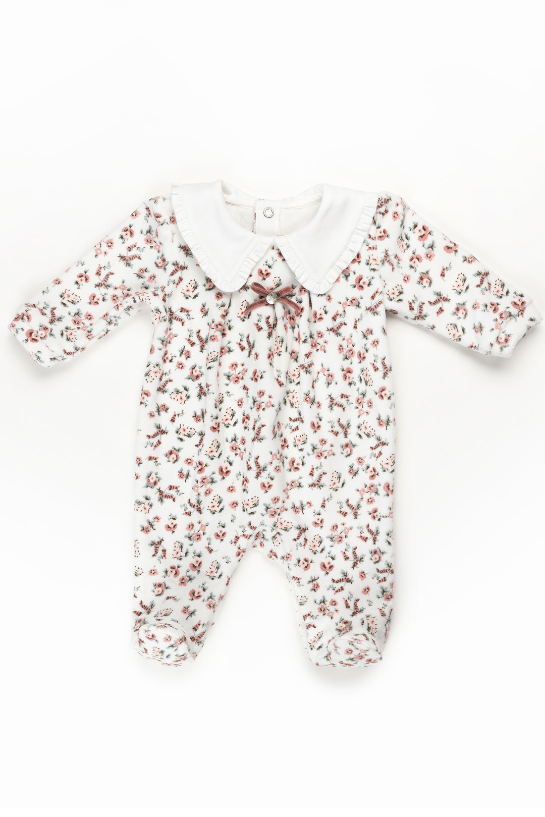 Pureté du Bebe "Marigold" Dusky Pink Floral Velour Sleepsuit | Millie and John