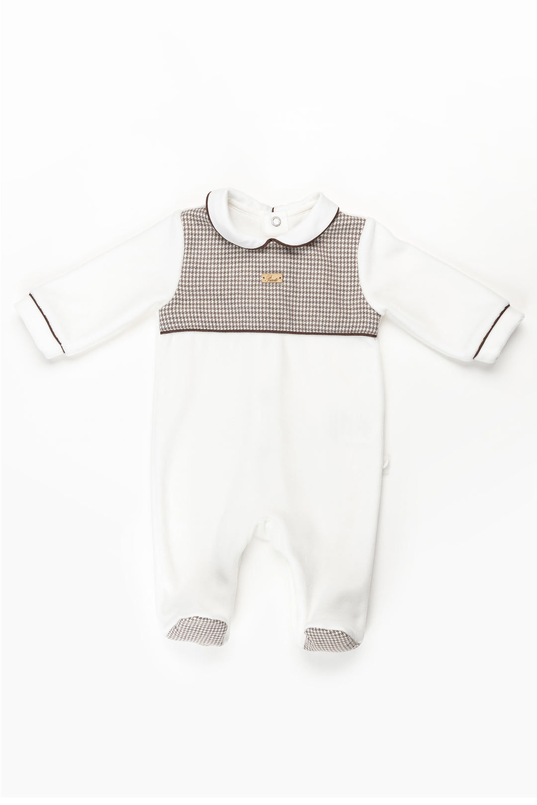 Pureté du Bebe "Reuben" Brown Houndstooth Velour Sleepsuit | Millie and John