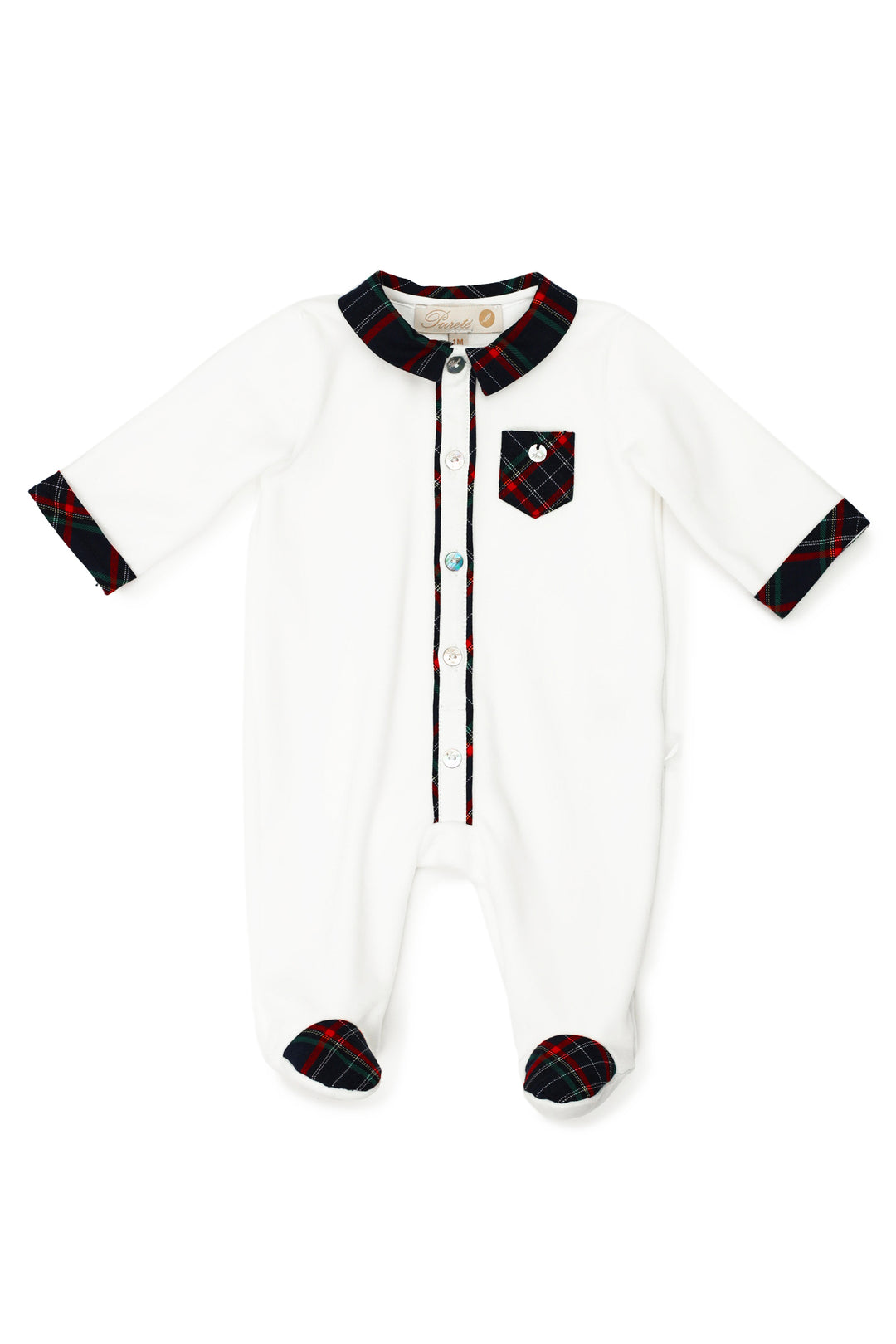 Pureté du Bebe "Nolan" White Velour Tartan Sleepsuit | Millie and John