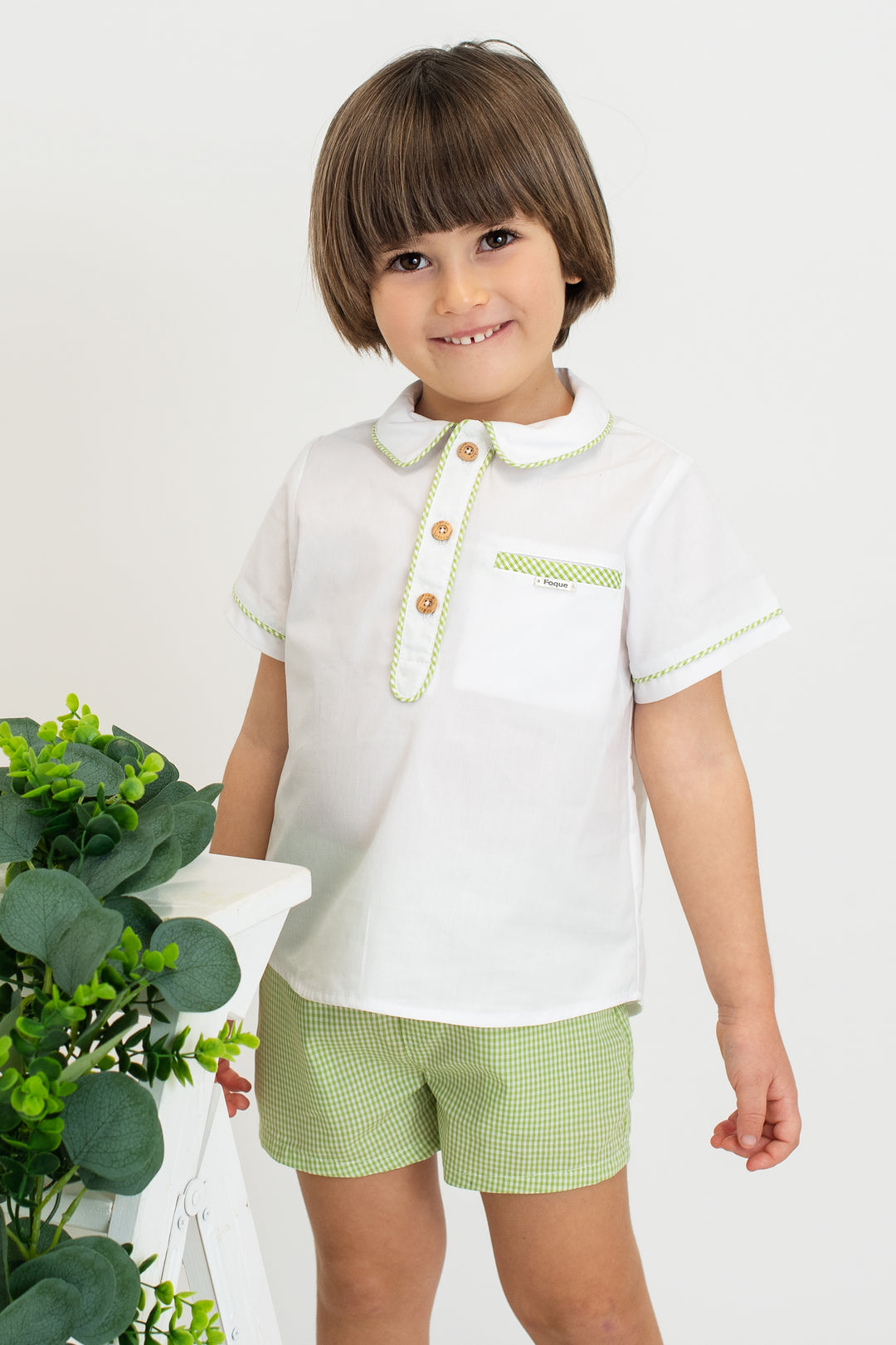Foque "Luca" Shirt & Green Gingham Shorts | Millie and John