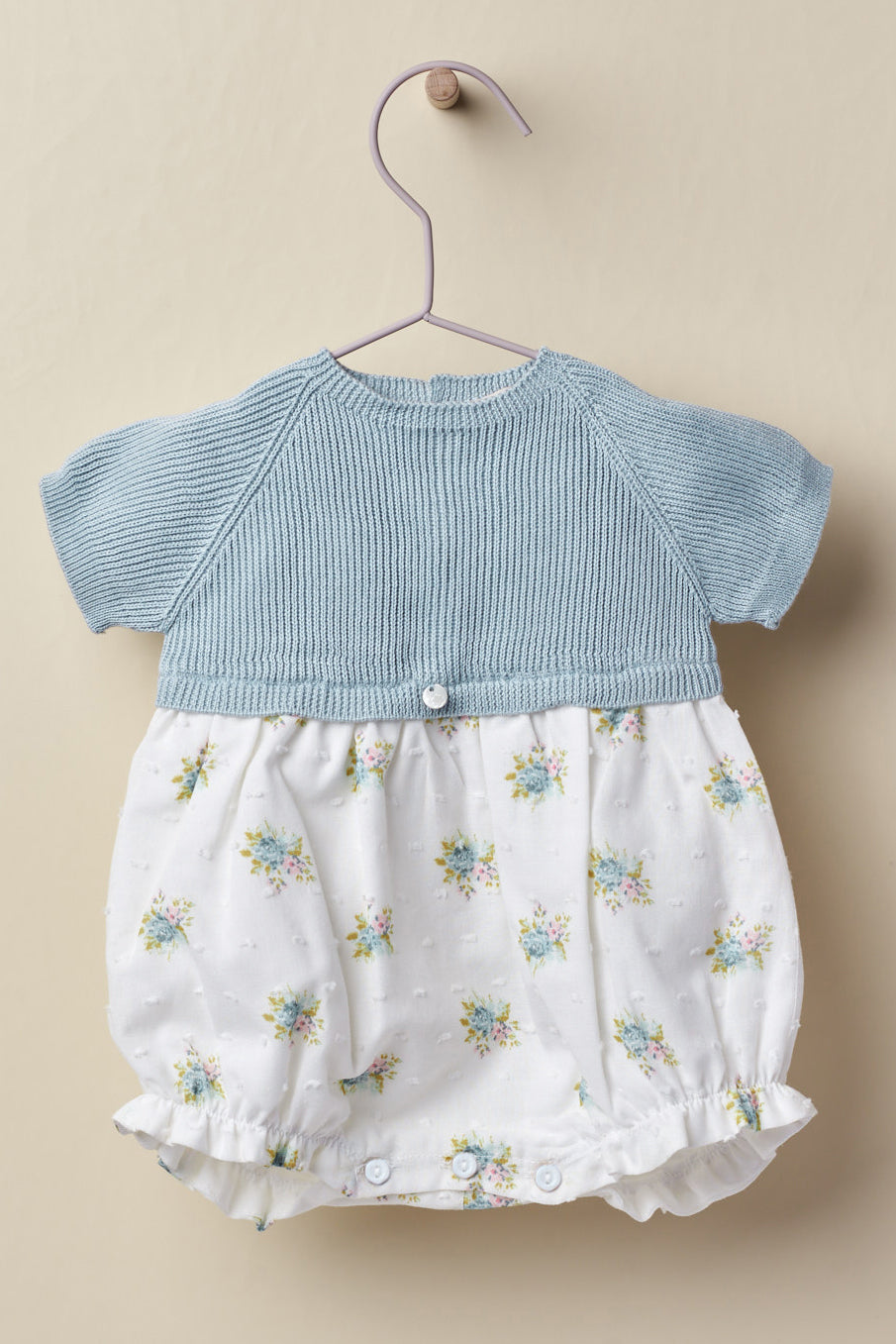 Wedoble "Dorothea" Soft Blue Half Knit Floral Romper | Millie and John