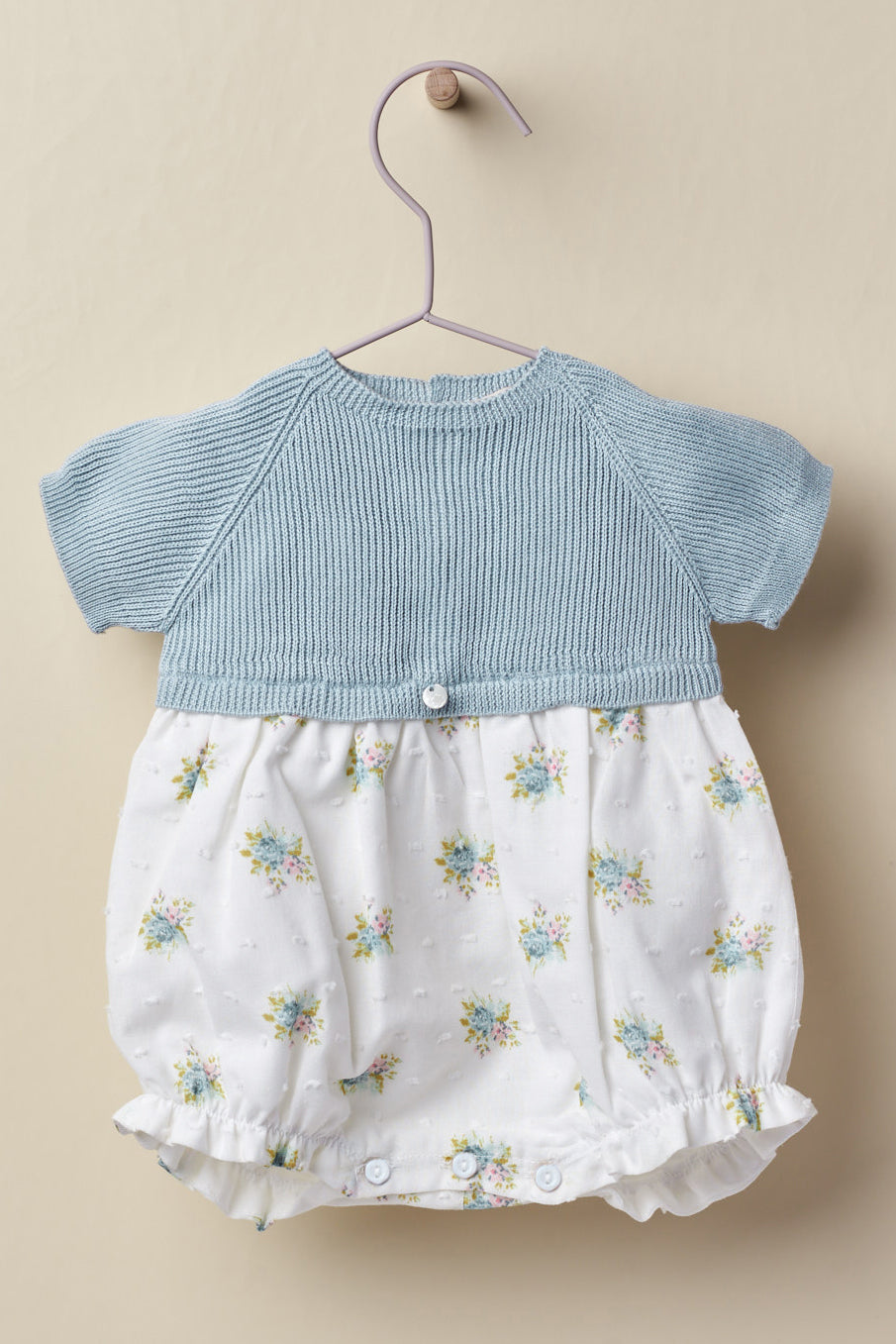 Wedoble "Dorothea" Soft Blue Half Knit Floral Romper | Millie and John