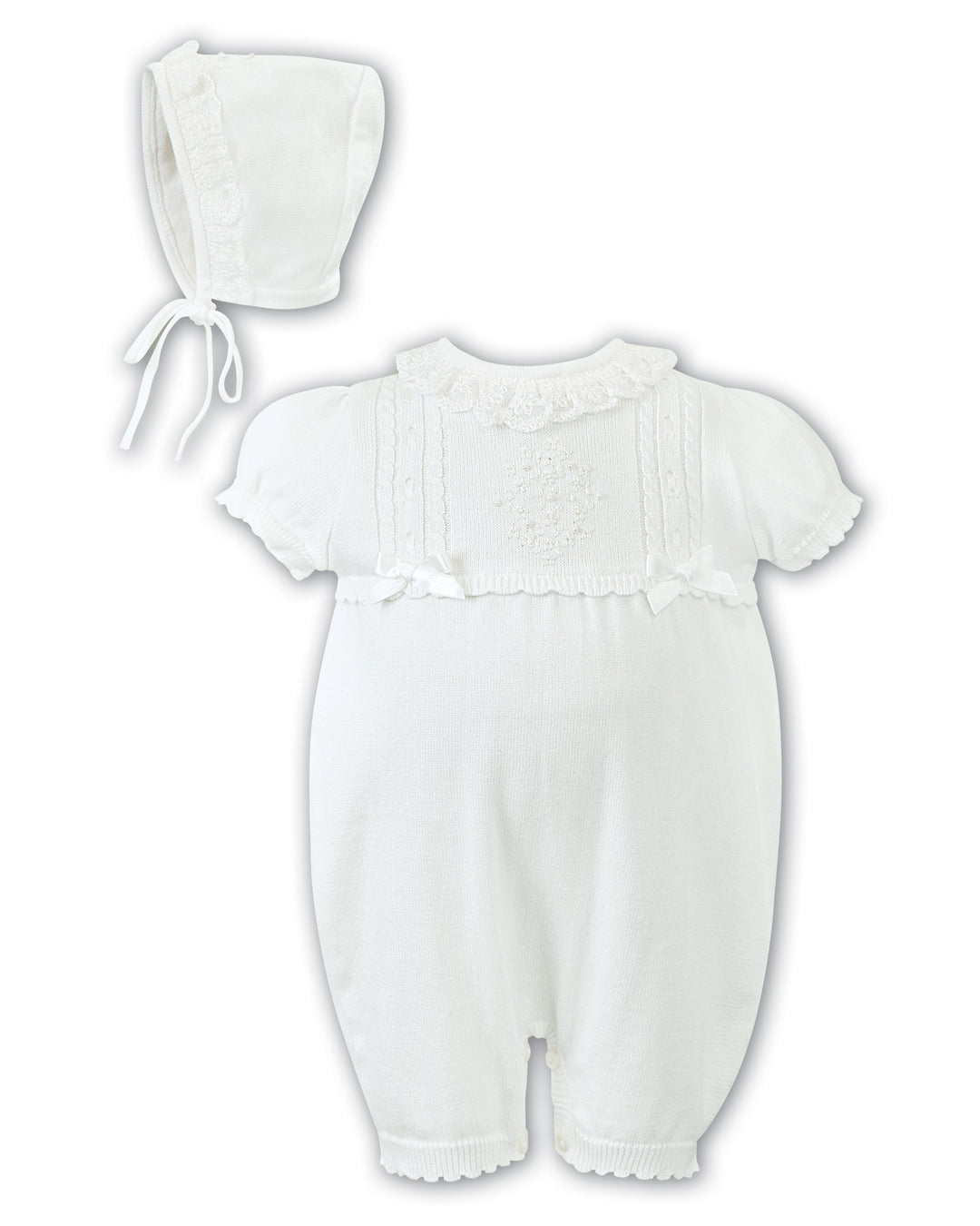 Sarah Louise "Alexandra" Ivory Lace Collar Knit Romper & Bonnet | Millie and John