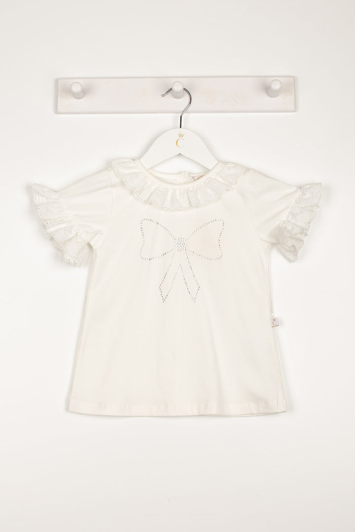 Caramelo Kids "Anna" Ivory Broderie Anglaise Diamanté Bow Top | Millie and John