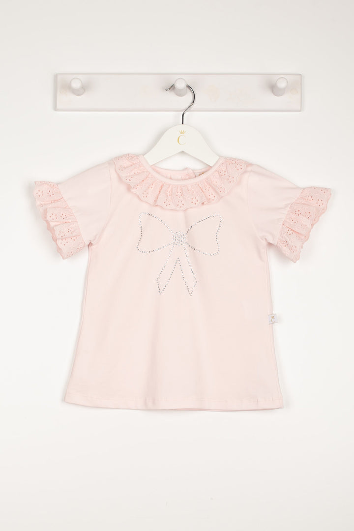 Caramelo Kids "Anna" Pink Broderie Anglaise Diamanté Bow Top | Millie and John