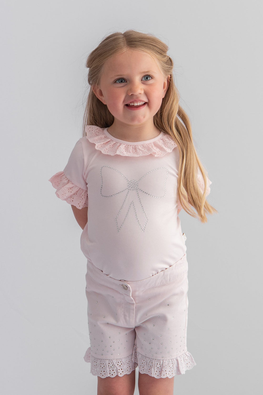 Caramelo Kids "Anna" Pink Broderie Anglaise Diamanté Bow Top | Millie and John