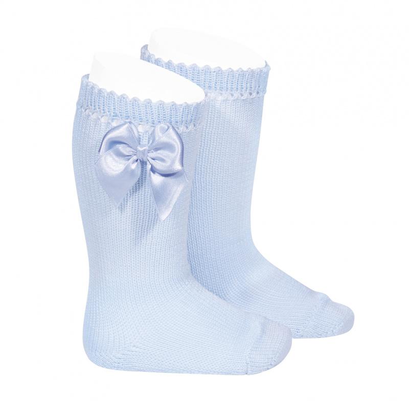 Condor Baby Blue Perlé Satin Bow Socks | Millie and John
