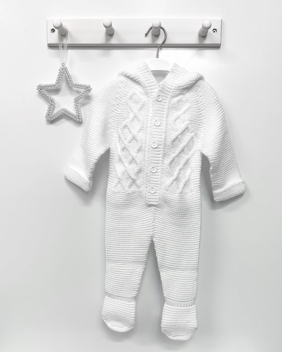 Nico Dingo BABY | White Knitted Pom Pom Pramsuit | Millie and John