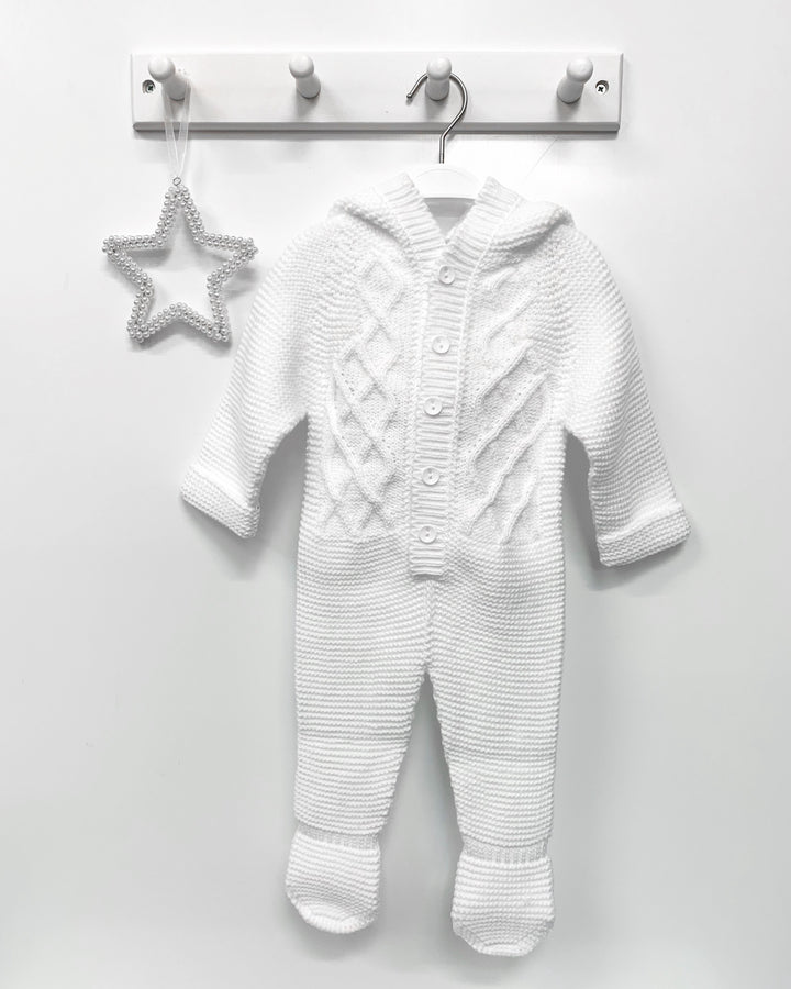 Nico Dingo BABY | White Knitted Pom Pom Pramsuit | Millie and John