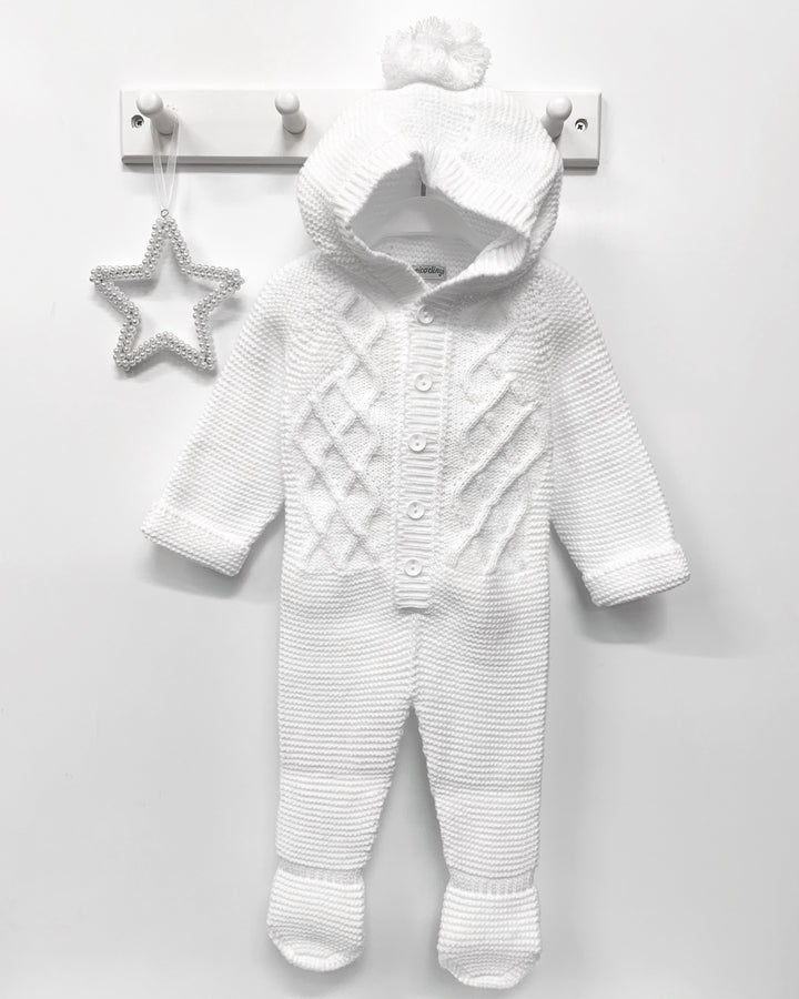 Nico Dingo BABY | White Knitted Pom Pom Pramsuit | Millie and John