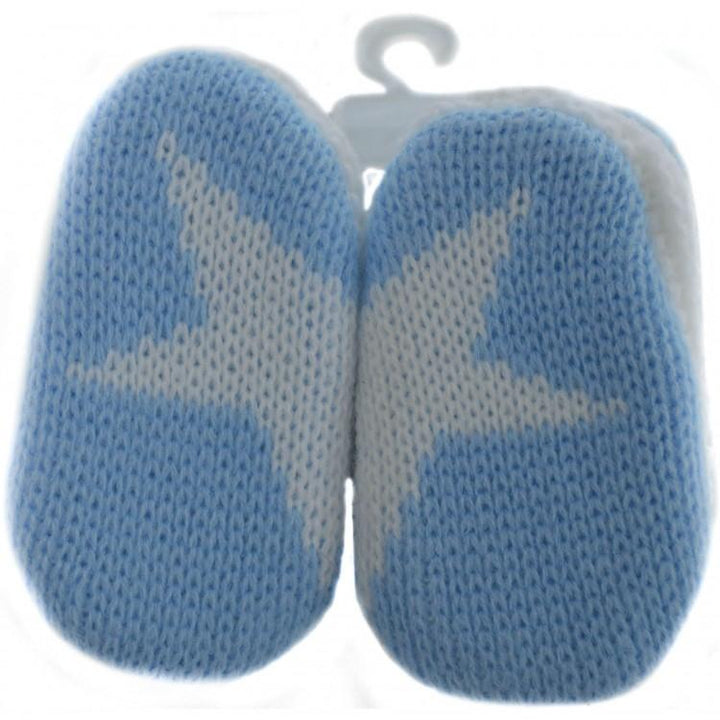 Soft Touch Blue & White Knitted Pom Pom Booties | Millie and John